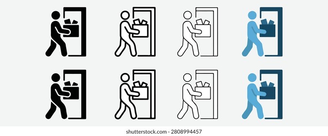 Stick figures carrying boxes through doors in various line styles and colors office moving and delivery concepts