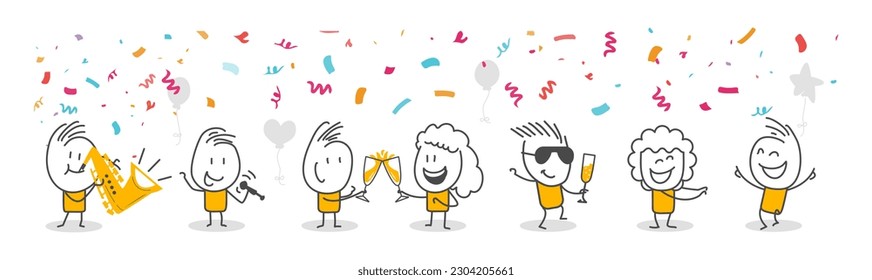 Stick figures. celebration, party, cocktail. Isolated on white background. Hand drawn Doodle Line Art Cartoon Design character.