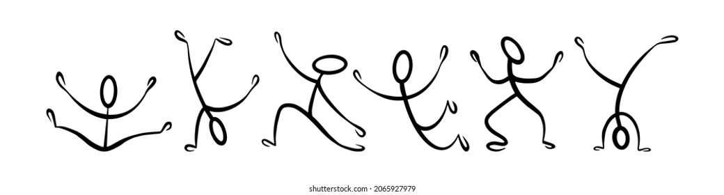 Colección de figuras de palo. La gente bailarina dibujada a mano aislada en un fondo blanco. Ilustración vectorial.