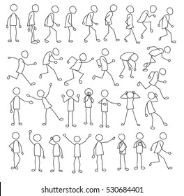 Stick figures collection with running, standing, waiting stick figures, and stick figures also in other poses