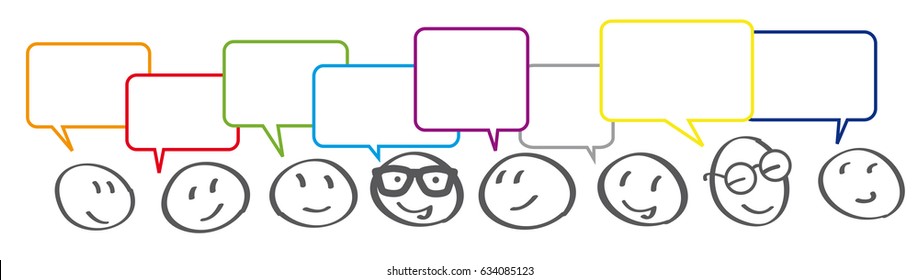 Stick figures with colorful dialog speech bubbles
