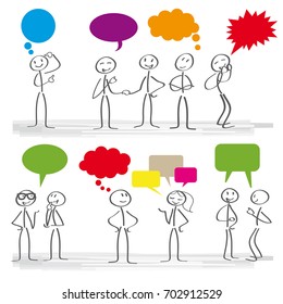 Stick figures with colorful dialog speech bubbles
