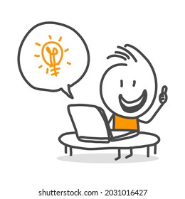 Stick figures. Computer, Laptop. Isolated on white background. Hand drawn doodle line art cartoon design character. Nr.6