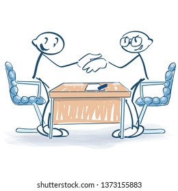Stick figures with contract and shaking hands