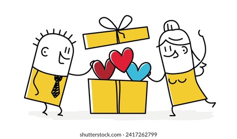 Stick figures. Couple with gift box and unbox. Charity and donation concept. Cartoon style. Vector illustration.