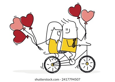 Stick figures. Couple in love rides a bicycle with heart-shaped balloons the bike. People in love. Relationship. Cartoon style. Vector illustration.