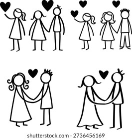 Stick figures of couples holding hands and hearts