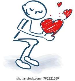 Stick figures crouching and loving red hearts