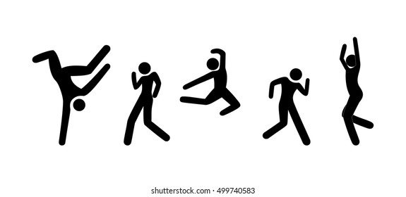 stick figures dancing people, human silhouettes, disco, black on white background isolated, jumping and posing set, man