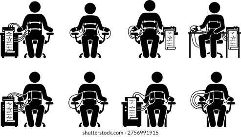 Stick figures are depicted undergoing polygraph examinations, seated in chairs with sensors attached to their bodies, connected to lie detector machines displaying physiological readings.