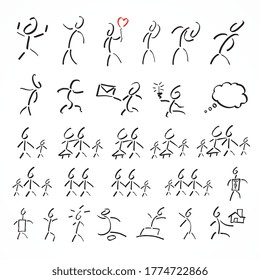 stick figures with dialog speech bubbles, flag, heart, e-mail, family. Vector illustration. Eps 10 vector file.