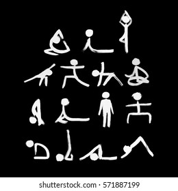 Stick figures in different yoga poses created by dry brush. Grunge calligraphy style. Vector illustration.