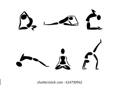 Stick figures in different yoga poses. Isolated Vector illustration