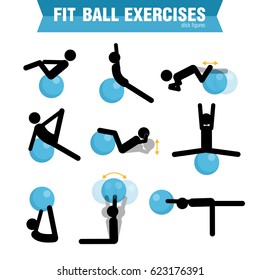 Stick figures doing exercises with fit ball set. Vector illustration.