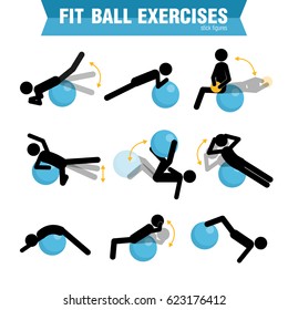 Stick figures doing exercises with fit ball set. Vector illustration.