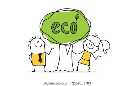 Stick figures with eco tree. Concept of Save the planet. Doodle style. Vector illustration.