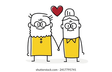 Stick figures. Elderly couple holding each other's hands, happy old people. Cartoon style. Vector illustration.