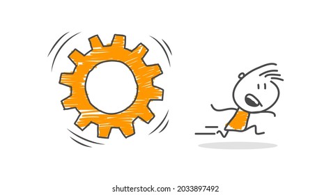 Stick figures. Employee running away from yellow wheel. Vector.
