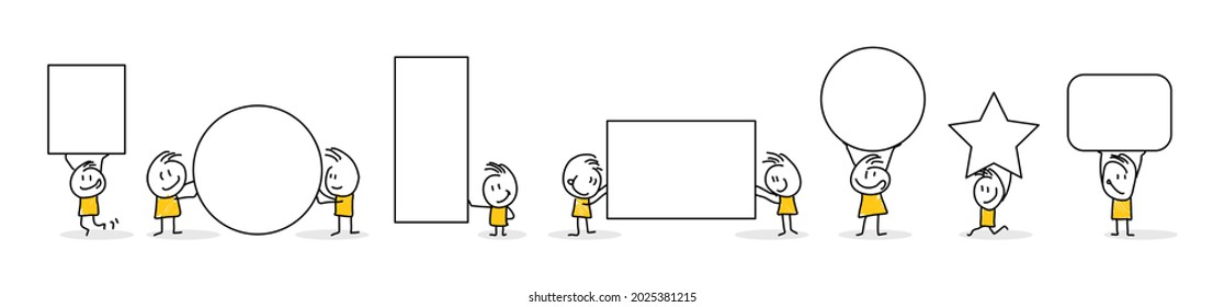 Stick figures. Empty banner set. Vector illustration of people holding blank on white. It can be used for presentations, for explanation, as a mascot, for communication, to express emotions. Nr.2