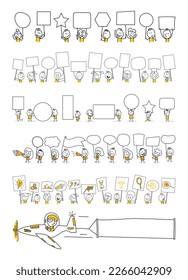 Stick figures. Empty banner set. Vector illustration of people holding blank on white. It can be used for presentations, for explanation, as a mascot, for communication, to express emotions. 