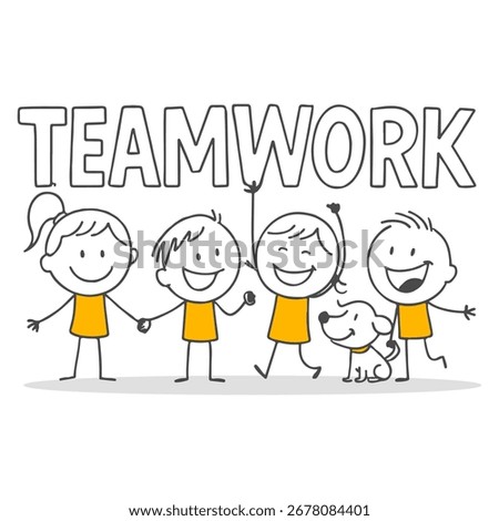 Stick figures. An enjoyable visual expression creating a loving team atmosphere with kids and a pet.