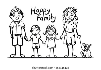 Stick figures family, stick figure man, woman, boy, girl and dog
