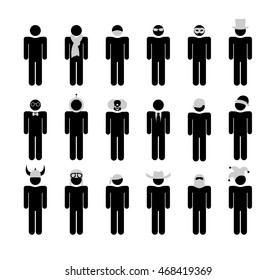 Stick figures. Flat silhouette, pattern figure of a man. Drawings lines set situation and accessories, professions and characters, clothing and headgear. 