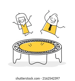 Las figuras pegadas se divierten en un trampolín. Estilo Doodle. Ilustración vectorial.
