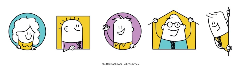 Stick figures of funny curious young men and women searching something. Cartoon style. Vector illustration.