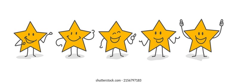 Stick figures give review rating and feedback. Customer reviews, feedback, five stars rating. Five funny stars. Rating.