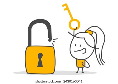 Stick figures. Golden key to unlock, solve business problem, professional to give solutions. Isolated on white background. Hand drawn doodle line art cartoon design character.