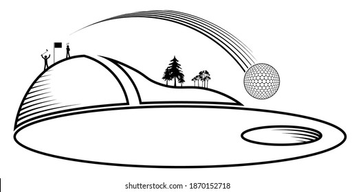 Stick figures, group of golfers are playing on field. Sports golf ball flies into hole after precision hit. Healthy lifestyle. Vector