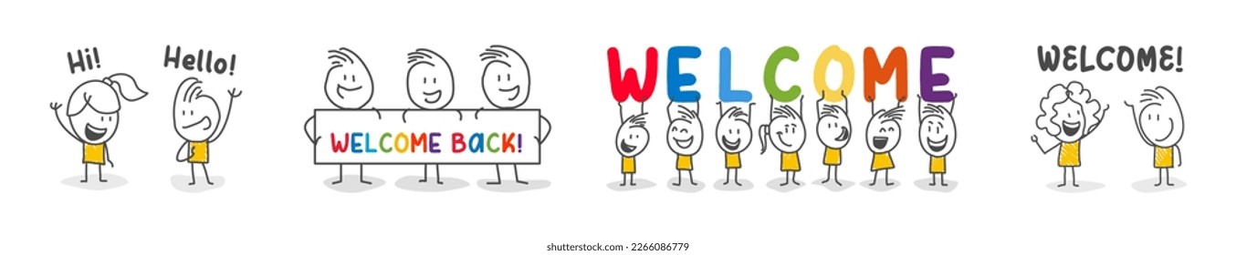 Stick figures. Group of smiling holding colorful letters. Vector banner with text welcome. Isolated on white background.