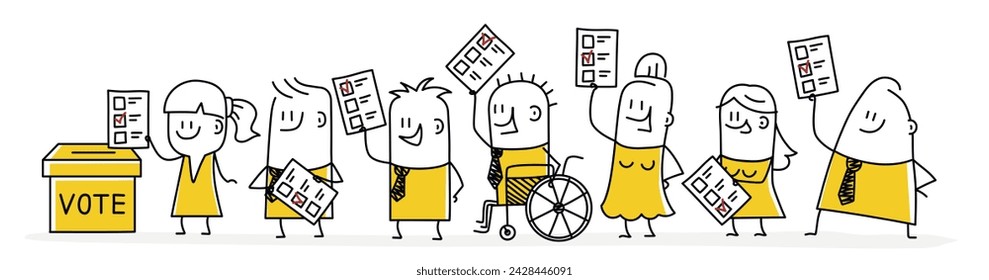 Stick figures, group of voting people with ballots election vote. Cartoon style. Vector illustration.