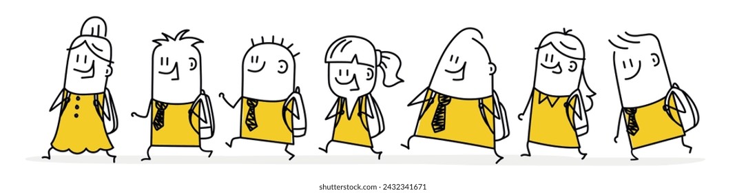 Stick figures, happy children go back to school. Cartoon style. Vector illustration.