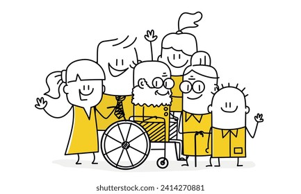 Stick figures. Happy family. Father, mother, grandfather, grandmother, children. Cartoon style. Vector illustration.