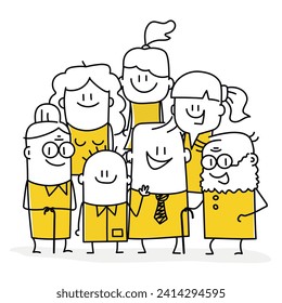 Stick figures. Happy family. Father, mother, grandfather with walking stick, grandmother with walking stick, children. Cartoon style. Vector illustration.