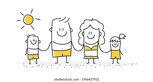 Stick figures of happy family on the beach. Vector illustration.