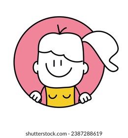 Stick figures, happy girl peeking out of a round frame. Cartoon style. Vector illustration.