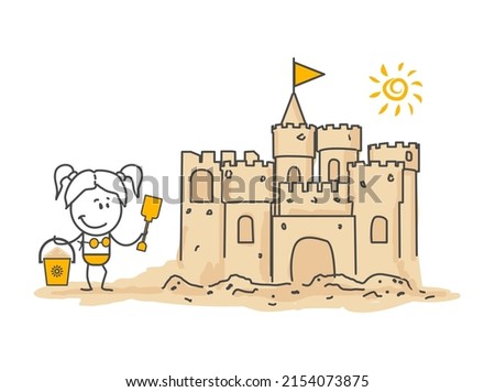 Stick figures. Hello summer. Sand castle. Stickman build a sand castle on the beach. Building a sand castle.