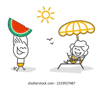 Stick figures. Hello summer. Stickman brings watermelon to his girlfriend. Summer symbol.