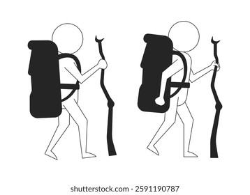 Stick figures hikers with backpacks and walking sticks black and white 2D line characters set. Trekking adventure. Backpackers isolated vector outline people. Monochrome spot illustrations collection