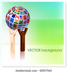 Stick Figures holding Flag Globe on Vector Background Original Illustration