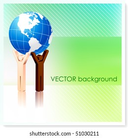 Stick Figures Holding Globe on Vector Background Original Illustration