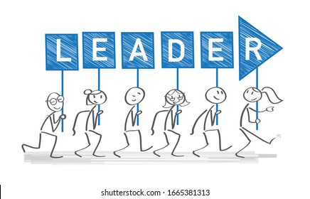 Stick figures holding posters with the word LEADER. Vector banner with the text sorry