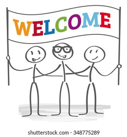 stick figures holding welcome sign