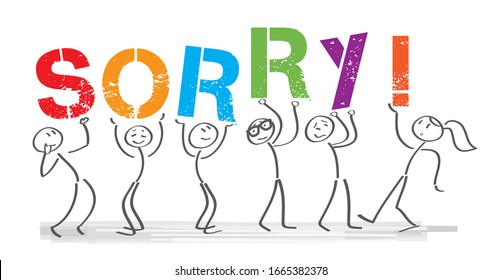 Stick figures holding the word SORRY Vector banner with the text sorry