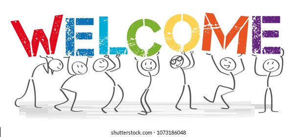 Stick figures holding the word welcome. Vector banner with the text welcome