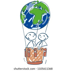 Stick figures in a hot air balloon as a world ball