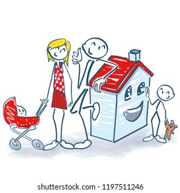 Stick figures with house and home for small family